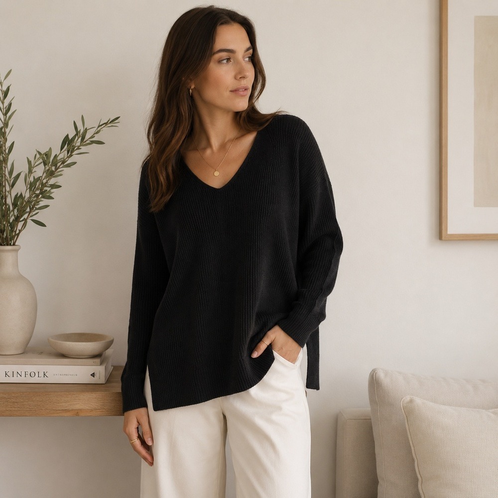 Athleta Hanover Ribbed V Neck Sweater Sz M Black‎ Merino Wool Blend Luxe